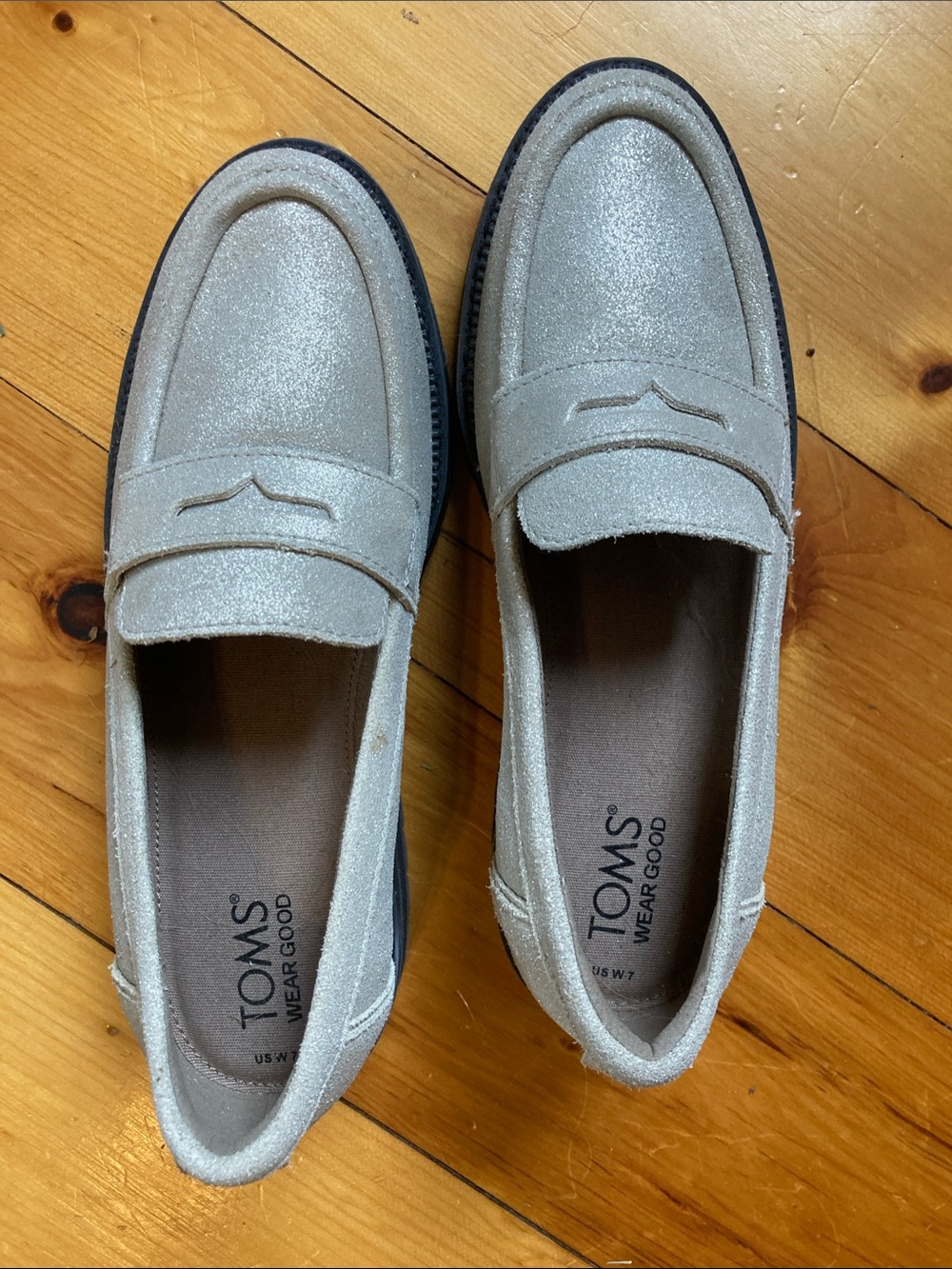 Toms Silver Glitter Penny Loafers for Women size 7 brand new